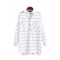 Casual Women Striped Irregular Hem Button Blouse with Pocket