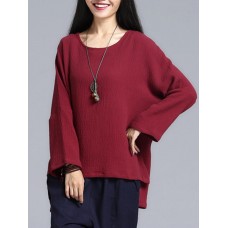 Casual Women Solid Color Long Sleeve High Low Blouse