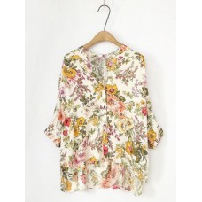 Casual Women Floral Print V-neck 3/4 Sleeve Asymmetric Blouse