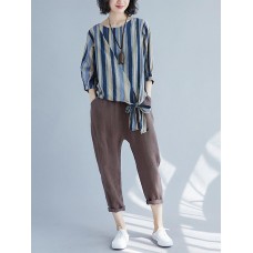 Casual Women Cotton Striped Long Sleeve Shirt Blouse