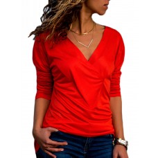 Casual Women V-neck Long Sleeve Pleated T-shirts