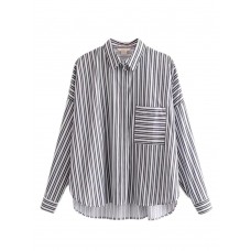 Casual Women Striped Long Sleeve Irregular Hem Pocket Blouse