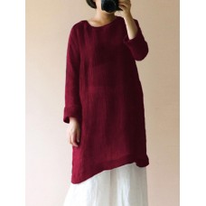 Celmia Women Vintage Cotton Linen Long Sleeve Loose Blouse