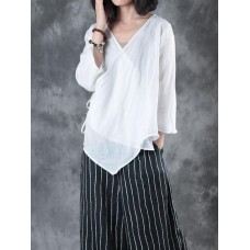 Casual Women Cotton Loose -V-Neck Cross Frenulum Irregular Hem Long Sleeve Blouse