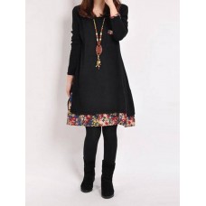 Casual Women Long Sleeve O-Neck Layer Floral Patchwork Dress