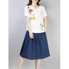 Casual Loose Embroidered O-Neck Short Sleeve Blouse for Women