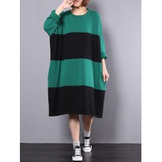 Casual Women Cotton Linen Loose Striped Long Sleeve Dress