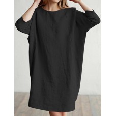 Casual Women Loose Cotton Linen Round Neck 3/4 Sleeve Dress