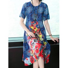 Elegant Women Floral Print Short Sleeve Crew Neck Dress