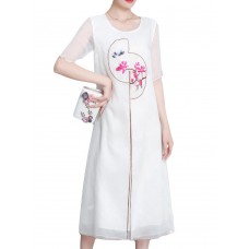 Elegant Women Fake Two Pieces Short Sleeve O-Neck Chiffon Dress