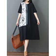 Folk Style Floral Print O-neck Short Sleeve Dress