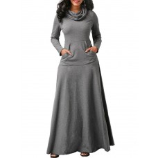 Casual Women Turtleneck Big Pocket Loose Maxi Dress