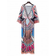 Bohemian Sexy V-Neck Half Sleeve Floral Printed Maxi Dresses For Women