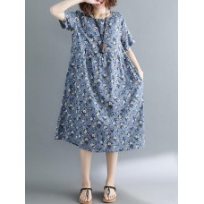 Casual Women Floral Printed Loose O-Neck Dress