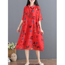 Casual Women Floral Printed Short Sleeve Turn-Down Collar Chiffon Dress