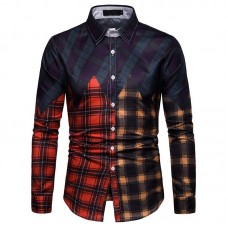 Men Plaid Patchwork Turn-down Collor Long Sleeve Shirts