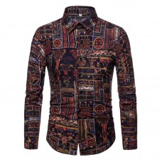 Men Ethnic Style National Printed Color Long Sleeve Casual Shirts