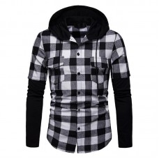 Men Plaid Hooded Patchwork Dual Pockets Shirts