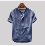 Mens Vintage Solid Color Single-breasted Stand Collar Short Sleeve Loose Casual Shirts