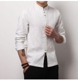 Vintage Chinese Style Linen Knot Buckle Stand Collar Fashion Men Long Sleeve Shirts