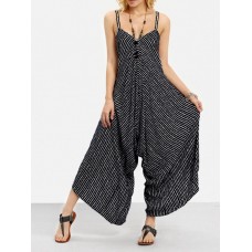 Sexy Women Spaghetti Strap V-Neck Striped Wide Leg Jumpsuit