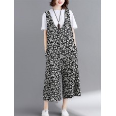 Wide Leg Women Cotton Loose Floral Print Sleeveless Jumpsuit