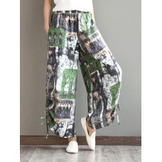 Ethnic Women Floral Print Elastic Waist Pants