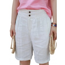 Casual Women Linen Elastic Waist Pure Color Shorts