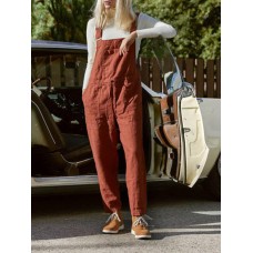 Casual Women Solid Color Cotton Linen Jumpsuit with Pockets