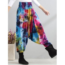 Retro Women Color-block Folk Style Elastic Waist Pants