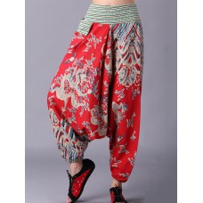 Retro Women Folk Style Print Elastic Waist Pants