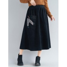 Embroidery Elastic Waist Loose Hem Corduroy Skirts with Pocket