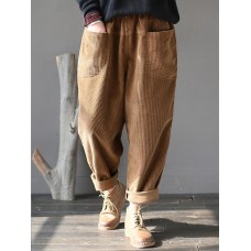 M-5XL Women Casual Pure Color Elastic Waist Corduroy Pants