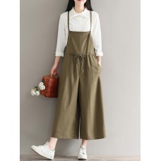 Vintage Women Loose Cototn Linen Elastic Waist Wide Leg Jumpsuit