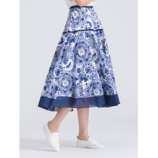 Floral Printed Elastic Waist Midi Swing Skirt For Women