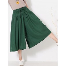 Wide Leg Women Pure Color Cotton Linen Elastic Waist Pants