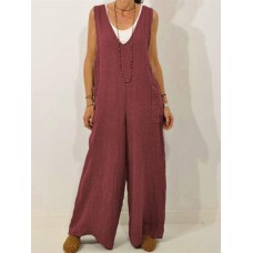 Solid Color V Neck Pocket Cotton Women Jumpsuit