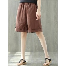 Pure Color Elastic Waist Loose Cotton Linen Wide Leg Shorts