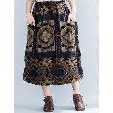 Ethnic Geometric Floral Printed Elastic Waist A-Line Vintage Skirts