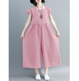 Women Short Sleeve O-neck Wide Leg Pant Loose Casual Plaid Jumpsuit