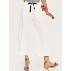 High Drawstring Waist Pure Color Wide Leg Pants