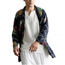 Mens Casual National Linen Kimono Cardigans Coat Streetwear Open Loose Jacket