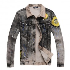 Badge Embroidery Painting Fashion Trendy Personality Wornout Denim Jacket for Men