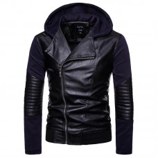 Men Zipper Hooded Pocket Decoration Leather Jacket