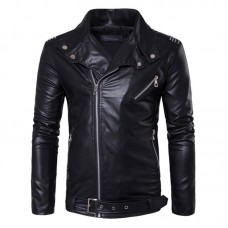 Men Zipper Buckle Turn-down Collar Leather Jacket