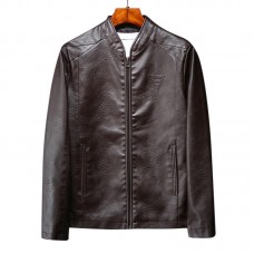 Mens Casual Stand Collar Long Sleeve Business Leather Jacket