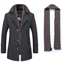 Men's Thick Wool Detachable Scarf Trench Coat Casual Business Pea Coat Top Coats