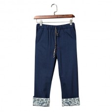 Men's Casual Porcelain Flounced Leg Opening Cropped Pants Chinese Style Cotton Linen Slacks Pants