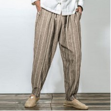 Men Casual Cotton Baggy Harem Pants Fashion Vintage Stripes Straight Long Trousers